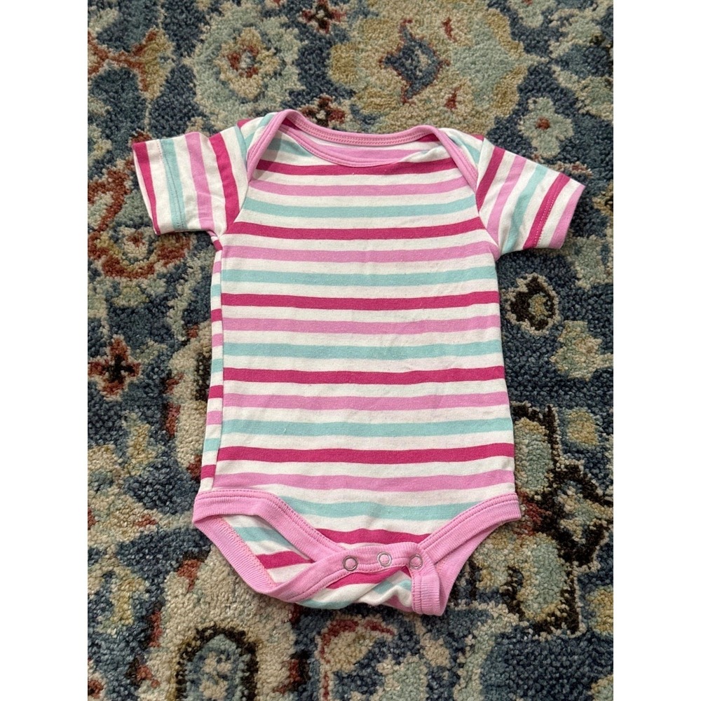 KicKee‎ Pants Bodysuit Girls 0-3M Pink Teal Striped Bamboo Short Sleeve EUC